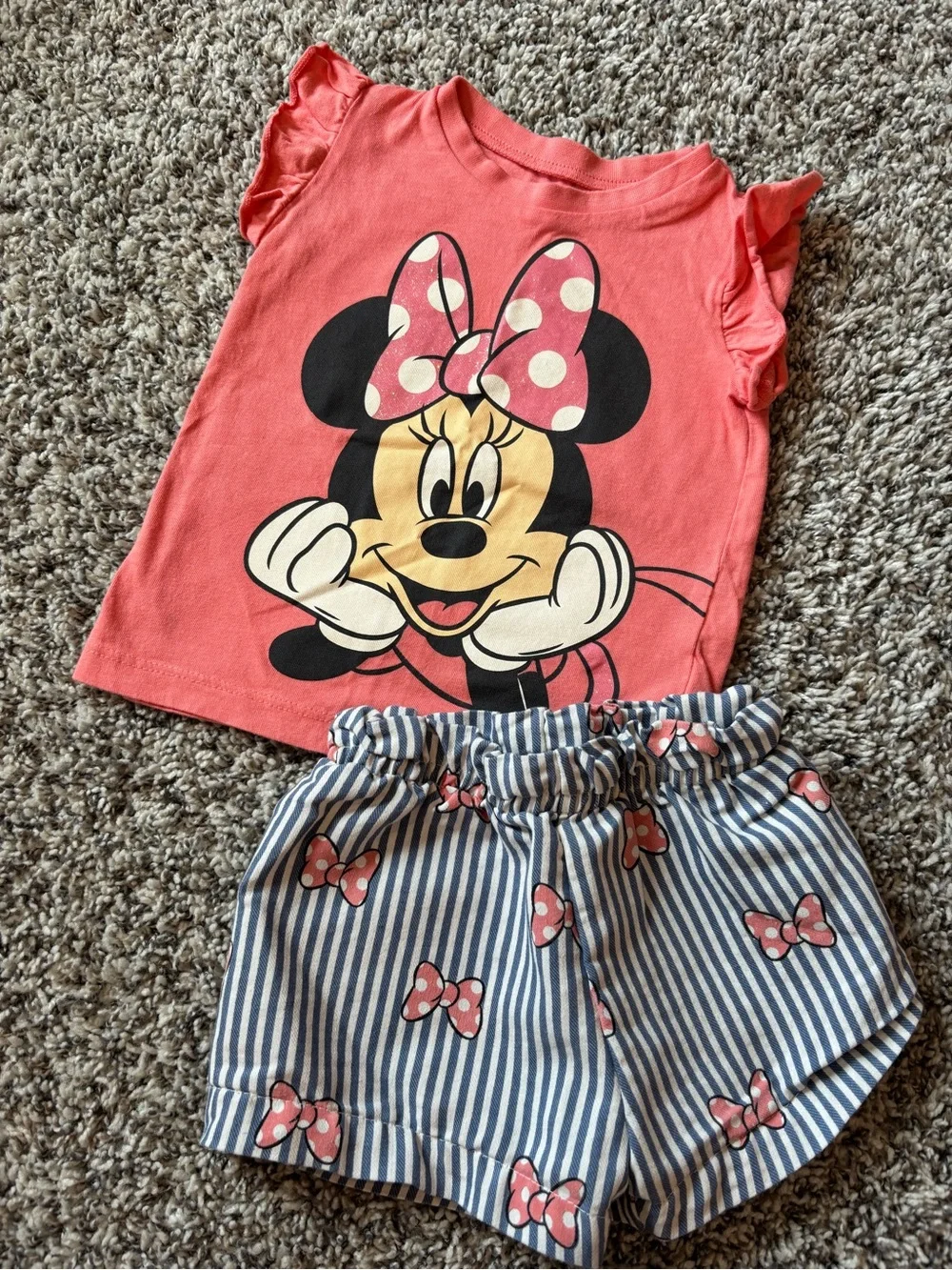 Disney Minnie Mouse Girls Coral Pink Top & Blue Stripe Shorts Matching Set